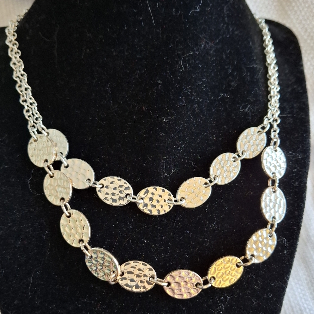 Double Strand Oval Hammered Silver-Toned Necklace